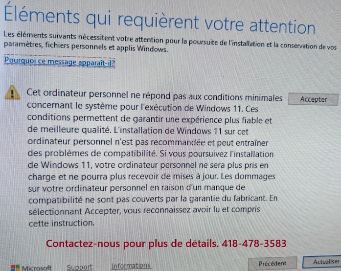 Avis de Windows 11 - PC non compatible